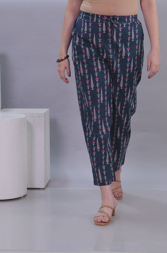 Soft Cotton Floral Teal Trousers Straight Trousers