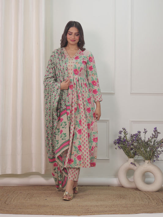 Embroidered Soft Cotton Floral Anarkali Beige Kurta