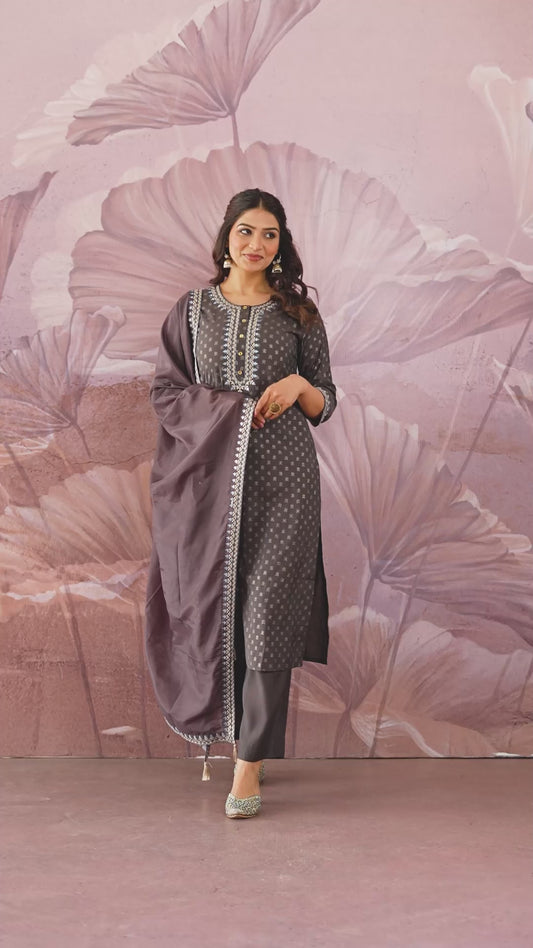 Embroidered Chanderi Gold foil Straight Grey Kurta