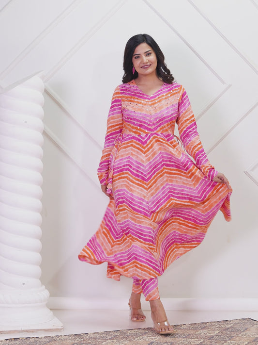 Embroidered Soft Cotton Leheriya Anarkali Multicolor Kurta