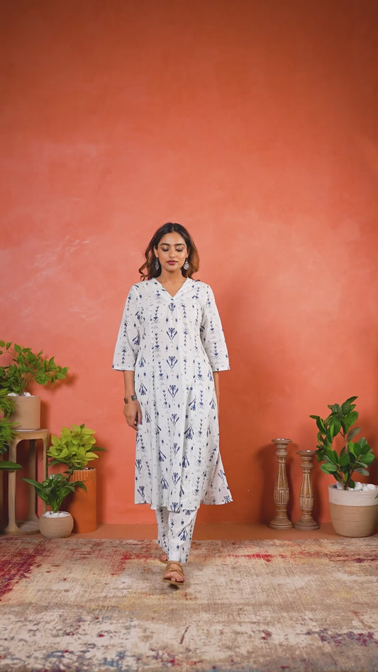 Soft Cotton Ikat Flared White Kurta