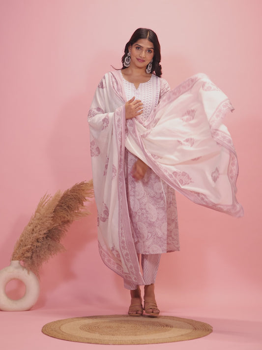 Embroidered Soft Cotton Paisley A-line Mauve Kurta