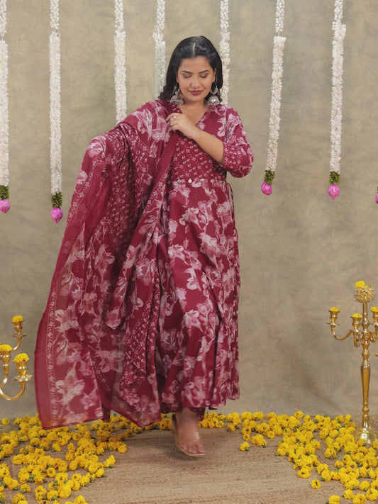 Soft Cotton Floral Angrakha Red Kurta