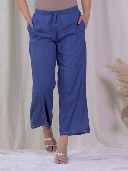 Embroidered Textured Cotton Woven Design Blue Palazzo