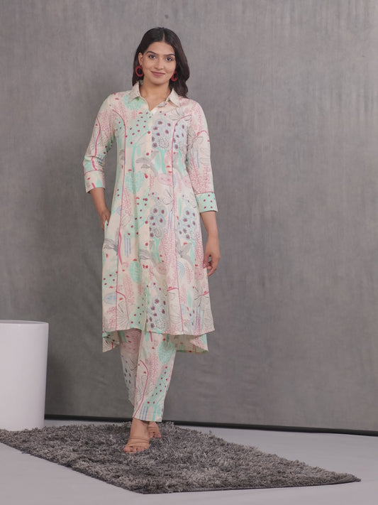 Linen Cotton Foliage High Low Off White Kurta