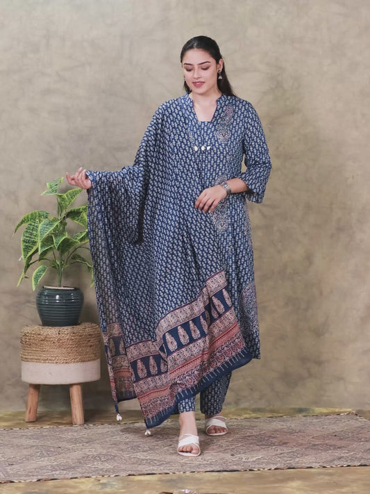 Kantha Cotton Paisley Flared Blue Kurta