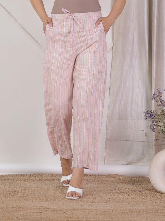 Soft Cotton Striped Pink Straight Trousers