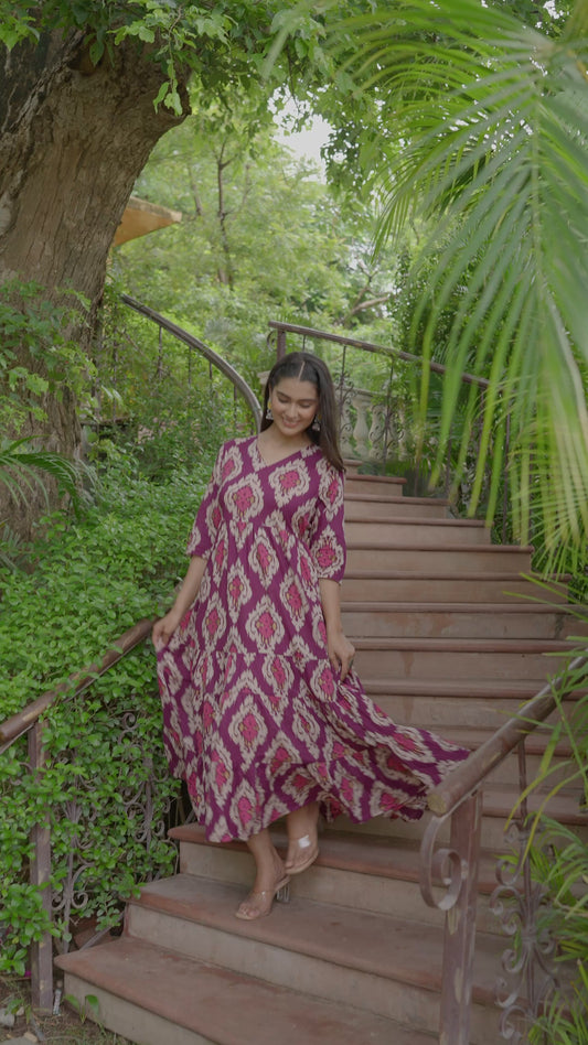 Soft Cotton Ikat Flared Purple Dress