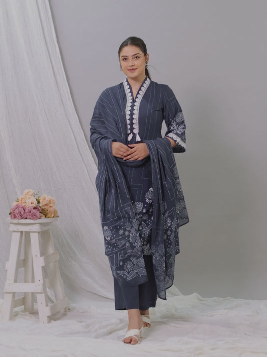 Soft Cotton Placement Print A-line Blue Kurta