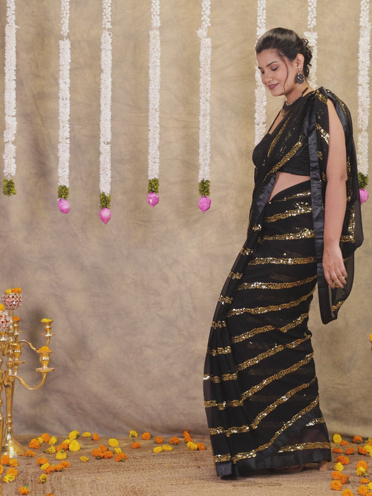 Embroidered Sequins Embroidered Georgette Solid Black Saree
