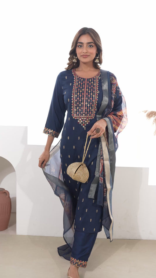 Embroidered Blended Silk Solid Navy Blue Straight Kurta