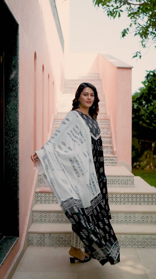 Soft Cotton Ikat A-line Black Kurta