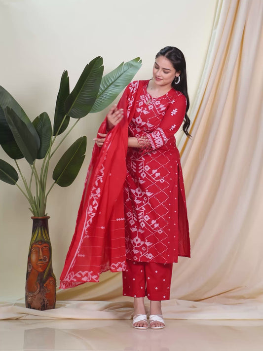 Soft Cotton Placement Print Straight Red Kurta