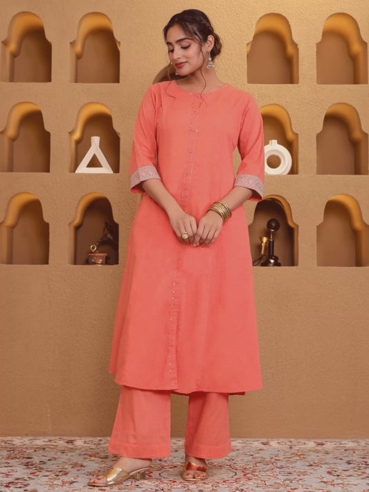 Embroidered Cotton Dobby Solid Flared Peach Kurta