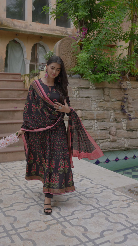 Embroidered Soft Cotton Floral Flared Black Kurta