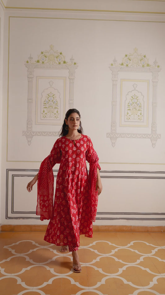 Soft Cotton Floral Anarkali Red Kurta