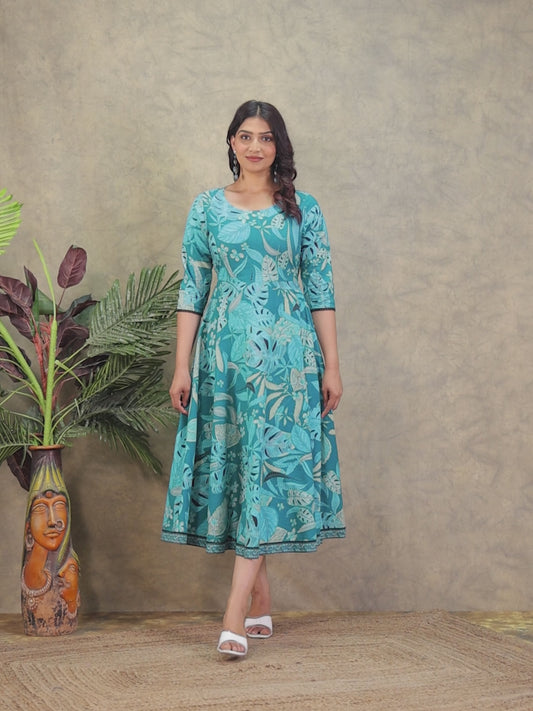 Soft Cotton Foliage Anarkali Teal Dress
