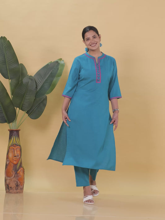 Embroidered Linen Cotton Solid Straight Teal Kurta