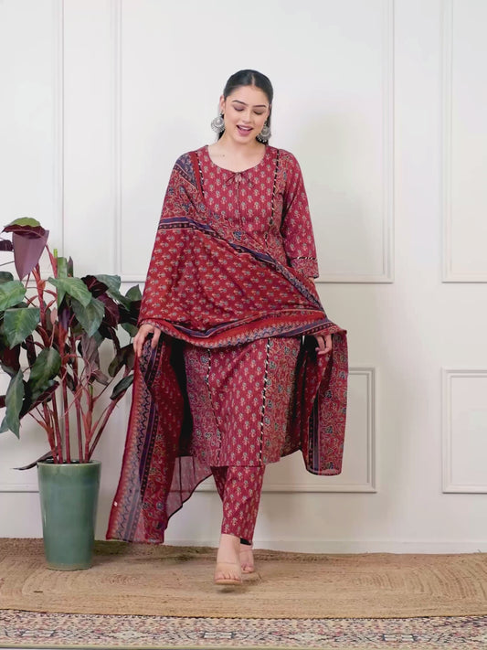 Kantha Cotton Floral A-line Rust Kurta