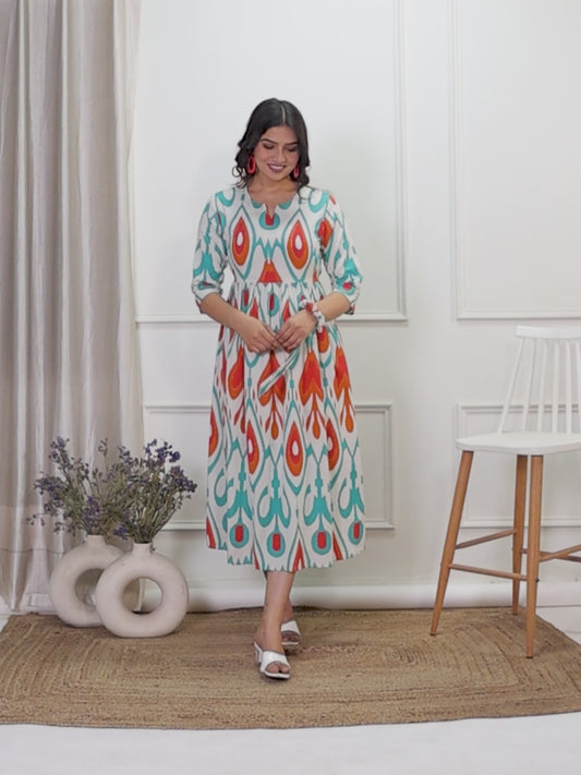 Linen Cotton Geometric Gathered Off White Dress