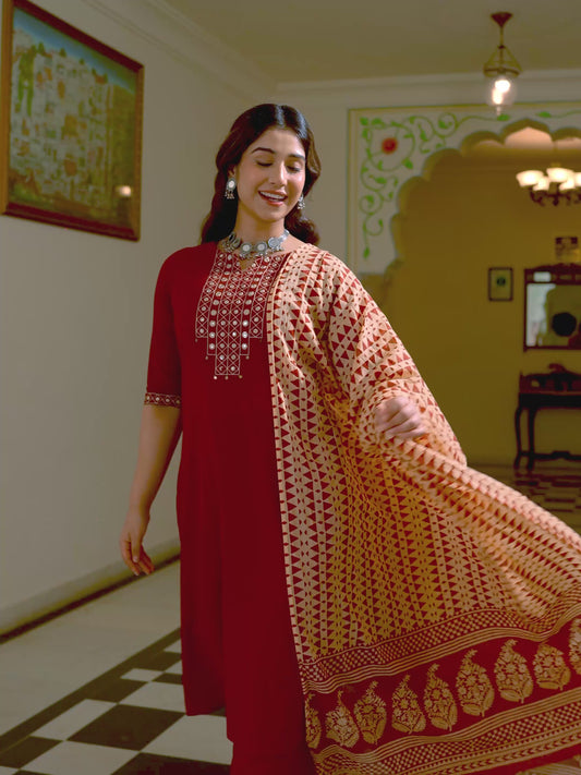 Embroidered Soft Cotton Solid A-line Maroon Kurta