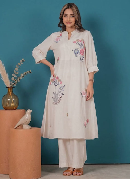 Embroidered Linen Cotton Solid A-line Off White Kurta