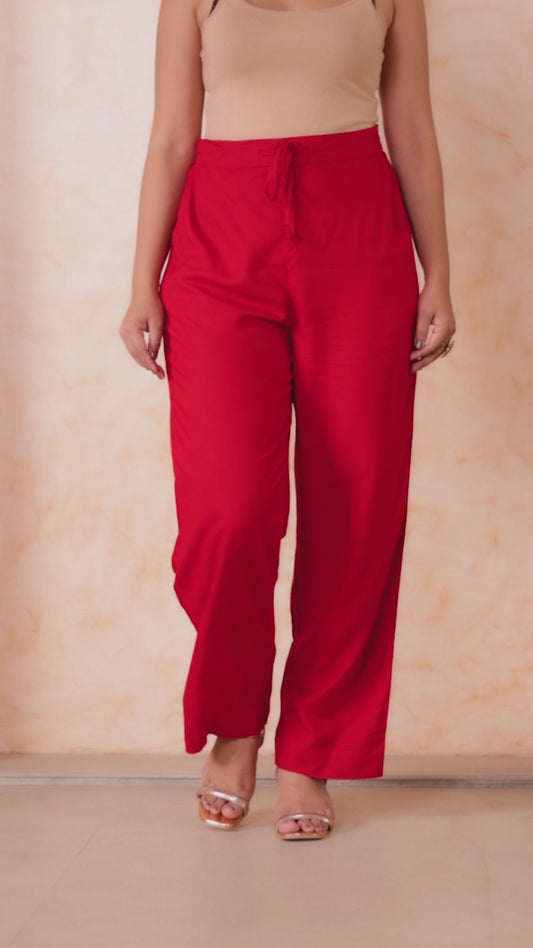 Embroidered Viscose Solid Red Straight Trousers