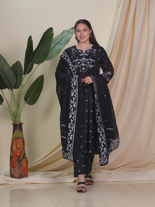 Embroidered Soft Cotton Geometric Flared Black Kurta