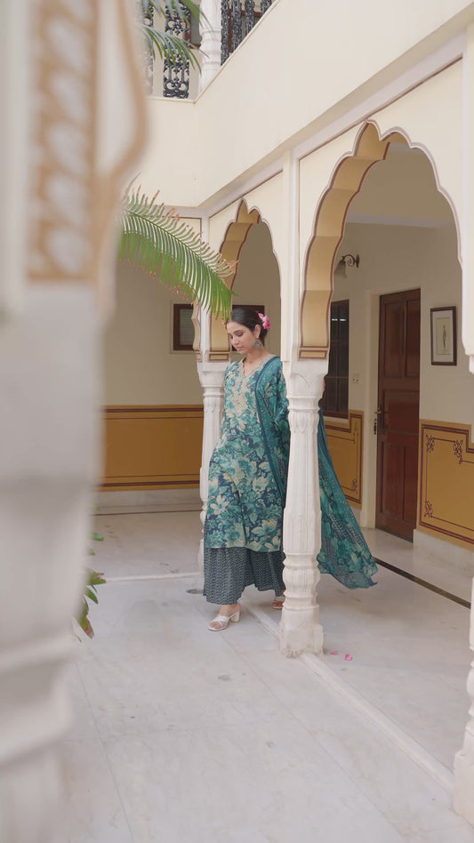 Embroidered Soft Cotton Floral Straight Teal Kurta