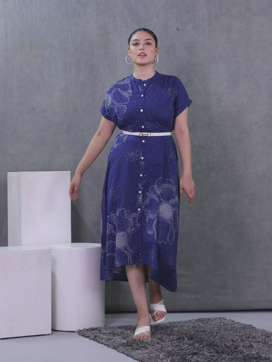 Soft Cotton Placement Print A-line Blue Dress