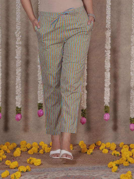 Soft Cotton Striped Blue Tapered Trousers