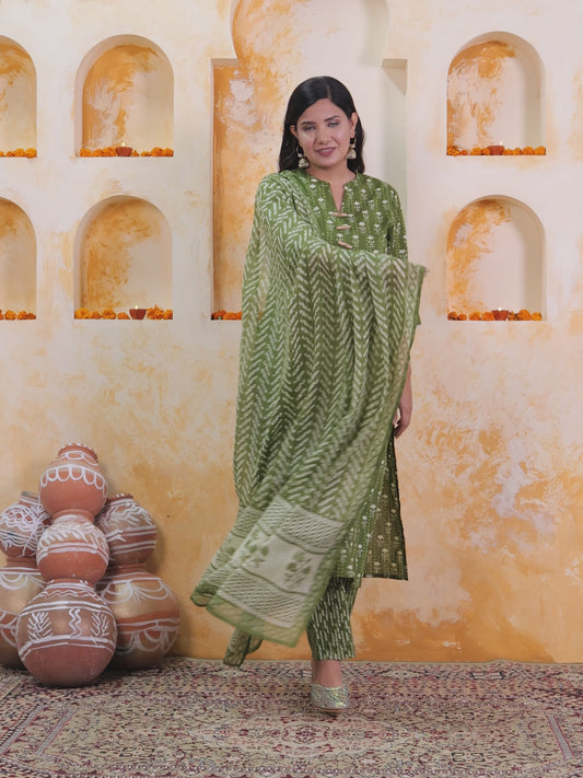 Soft Cotton Floral Straight Green Kurta