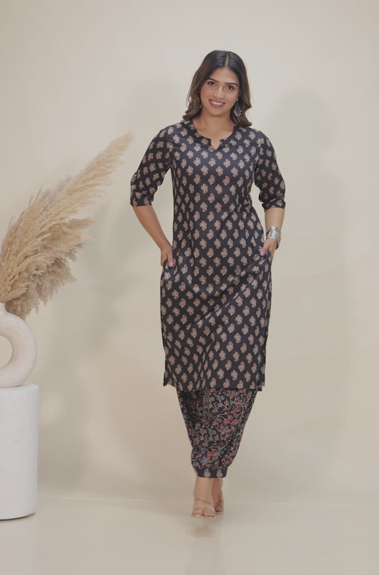 Soft Cotton Block Print Straight Black Kurta