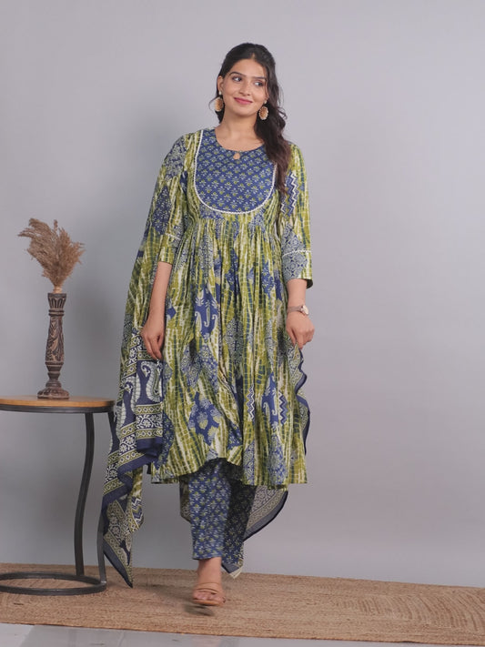 Soft Cotton Geometric Gathered Blue Kurta