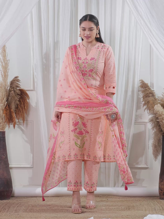 Soft Cotton Floral Straight Peach Kurta
