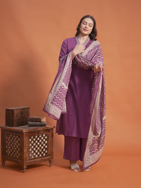 Embroidered Linen Cotton Solid Straight Purple Kurta