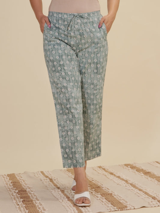 Soft Cotton Floral Green Straight Trousers