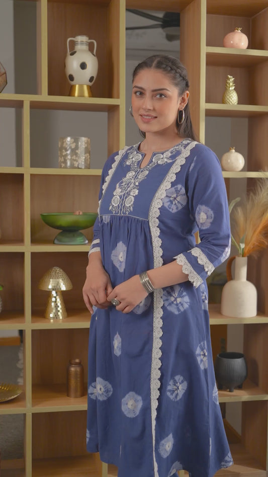 Embroidered Soft Cotton Tie-Dye Panelled Blue Kurta