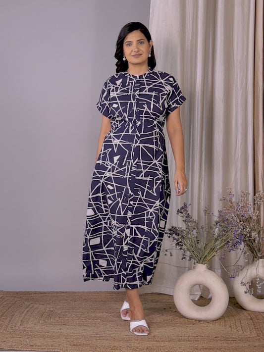 Soft Cotton Abstract A-line Blue Dress