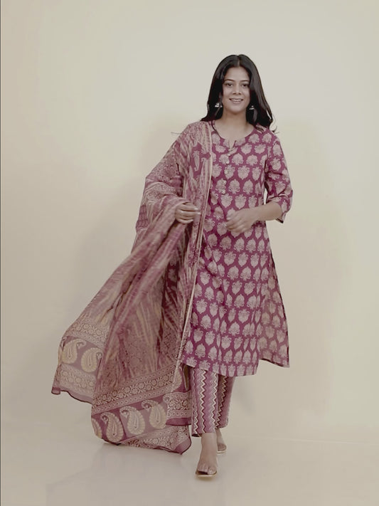 Soft Cotton Floral A-line Burnt Pink Kurta