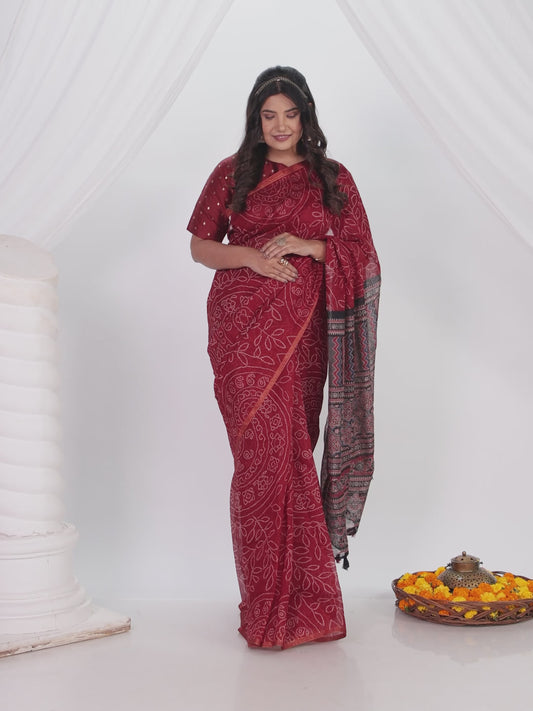 Chanderi Bandhani Maroon Saree