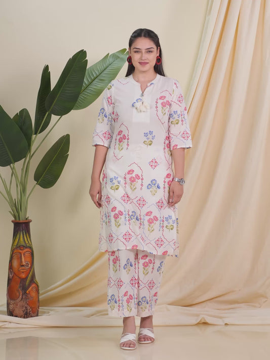 Soft Cotton Geometric Straight Off White Kurta