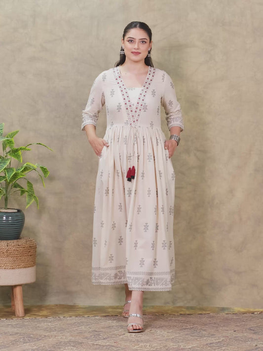 Embroidered Soft Cotton Geometric Anarkali Cream Dress