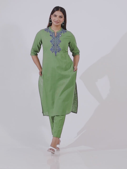 Embroidered Natural Cotton Solid Straight Green Kurta