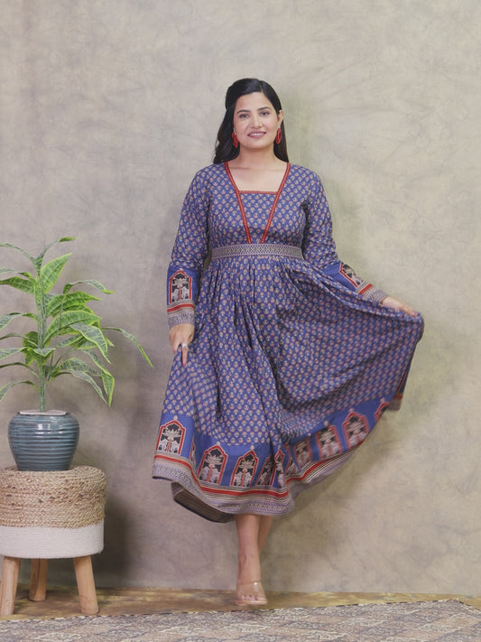 Soft Cotton Butti Anarkali Blue Dress