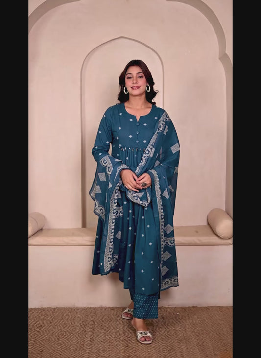 Soft cotton Butti A-line Blue Kurta