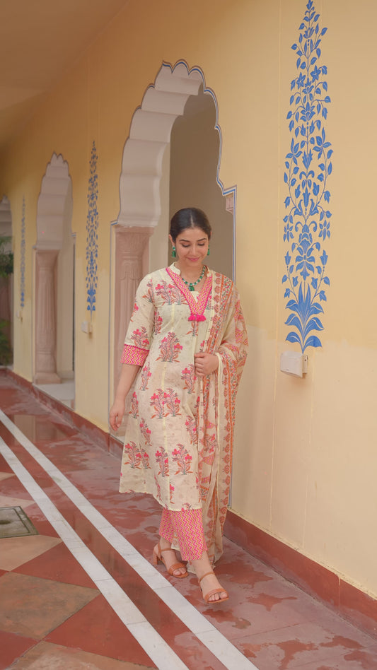 Soft Cotton Floral Flared Off White Kurta