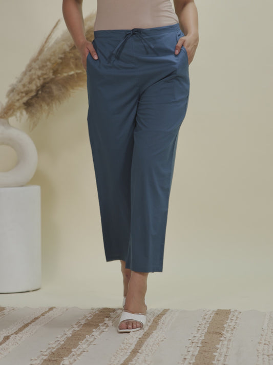 Soft Cotton Solid Teal Straight Trousers