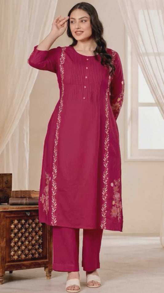 Embroidered Soft Cotton Solid Straight Pink Kurta