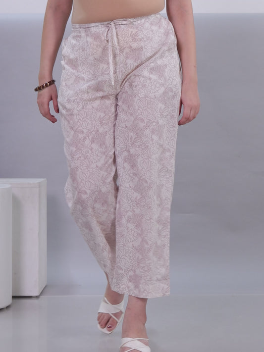 Soft Cotton Floral Off White Straight Trousers